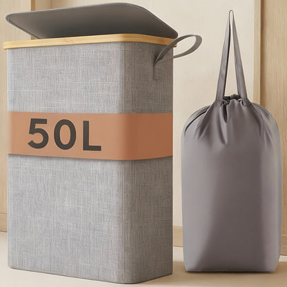 Slim Laundry Hamper with Lid & Removable Bag – Foldable Narrow Clothes Basket with Bamboo Handles for Bathroom, Bedroom & Dorm – 50L / 65L / 75L Space-Saving Collapsible Laundry Bin