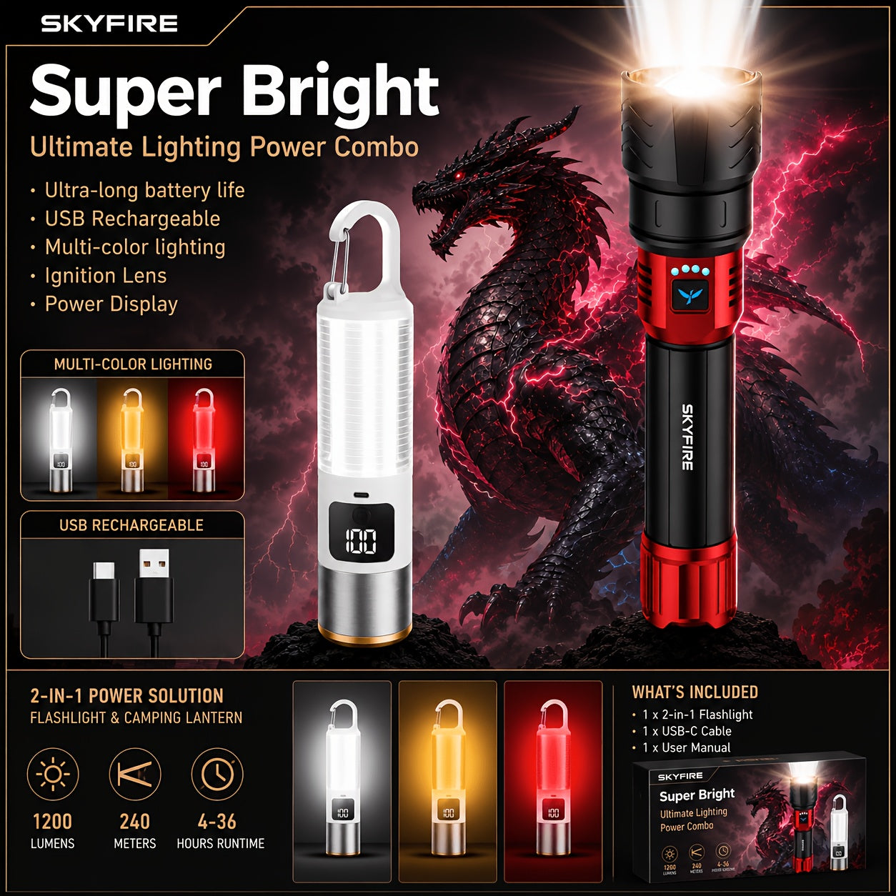 Flashlight Zoomable Rechargeable Cycling Light with Four Modes and Seven Listed Kit Configurations