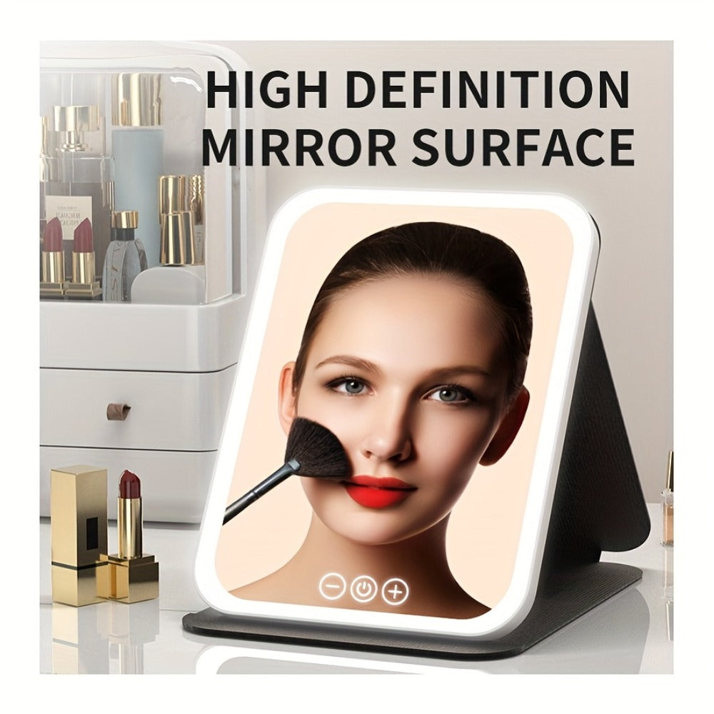 Makeup Mirror Foldable LED Travel Stand with Three Light Colors, Touch Dimming, USB Charging and Pink or White Options