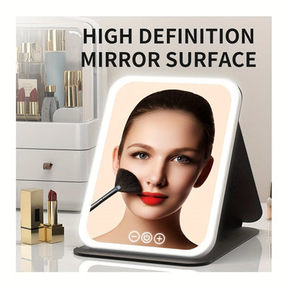Makeup Mirror Foldable LED Travel Stand with Three Light Colors, Touch Dimming, USB Charging and Pink or White Options