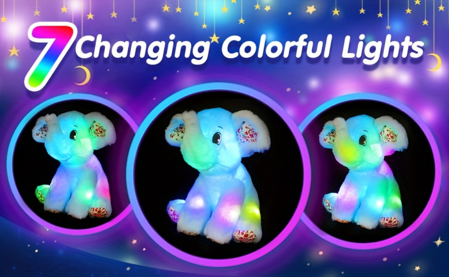 Plush Toy – Blue Elephant with LED Glow and Optional Lullaby Music for Soft Room Display and Gifting