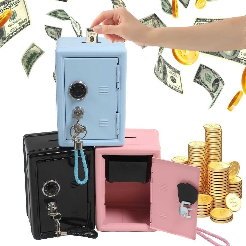 Mini Metal Coin Bank with Combination Dial, Key Lock, Removable Drawer and Three Color Options