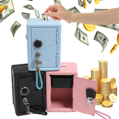 Mini Metal Coin Bank with Combination Dial, Key Lock, Removable Drawer and Three Color Options
