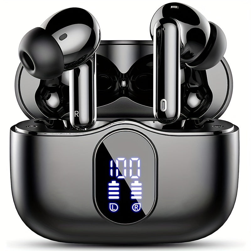 Wireless Earphones Bluetooth 5.3, 40-Hour Playtime, Bass Stereo Sound, LED Display, Noise-Cancelling Mic, Type-C Charging - In-Ear Earphones for Laptop, Tablet, Phone & Sports