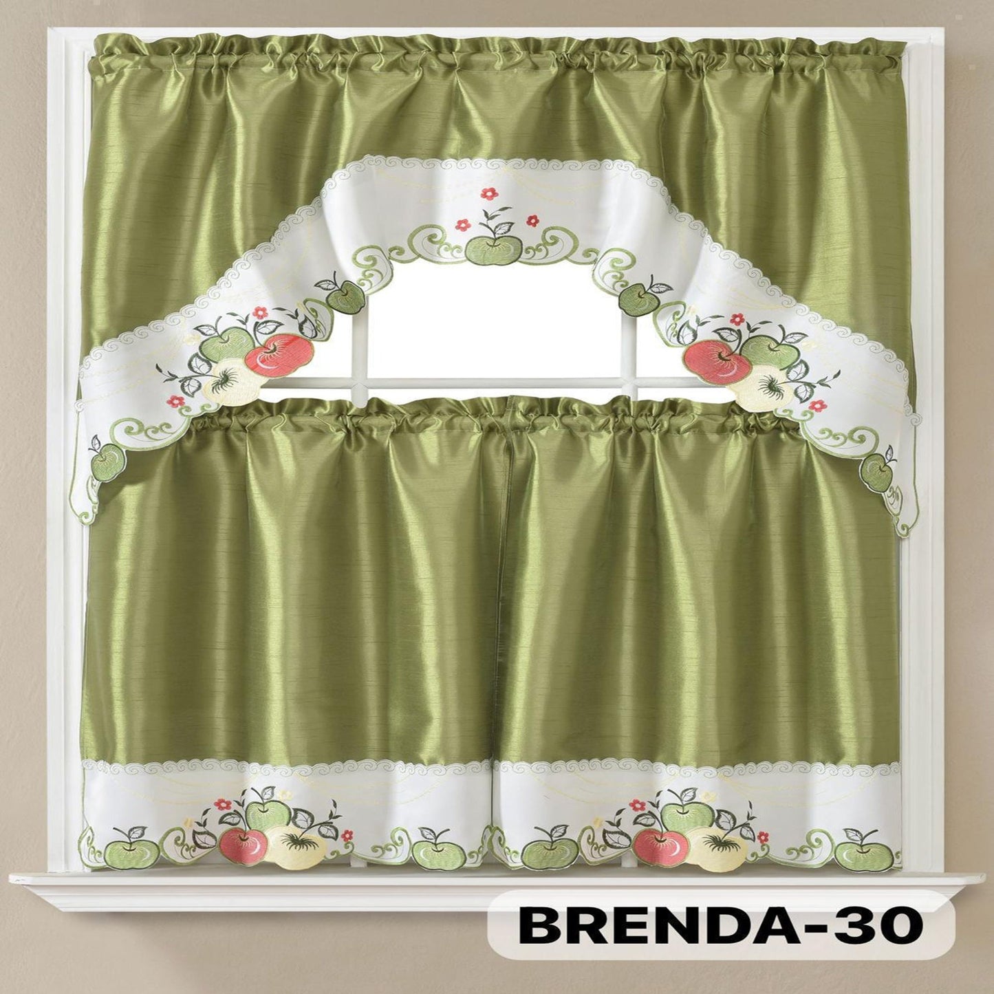 Three-Piece Patterned Kitchen Curtain Set with One Valance, Two Tiers and Forty-Six Exact Design Options