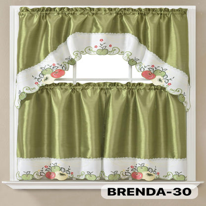 Three-Piece Patterned Kitchen Curtain Set with One Valance, Two Tiers and Forty-Six Exact Design Options