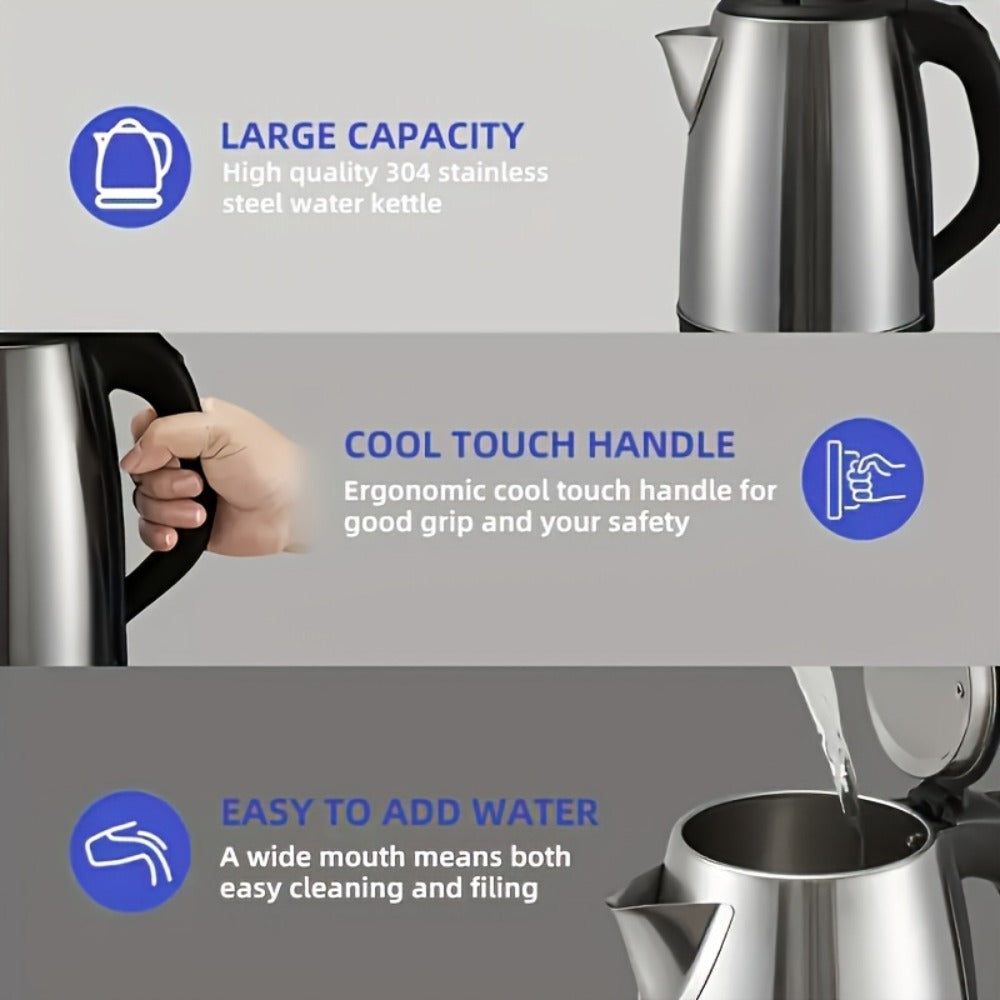 Electric Kettle 2L Stainless Steel Double-Wall Design with LED Indicator, Auto Shut-Off and 360-Degree Base