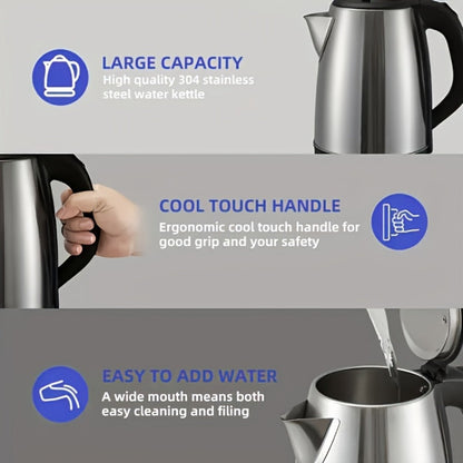 Electric Kettle 2L Stainless Steel Double-Wall Design with LED Indicator, Auto Shut-Off and 360-Degree Base