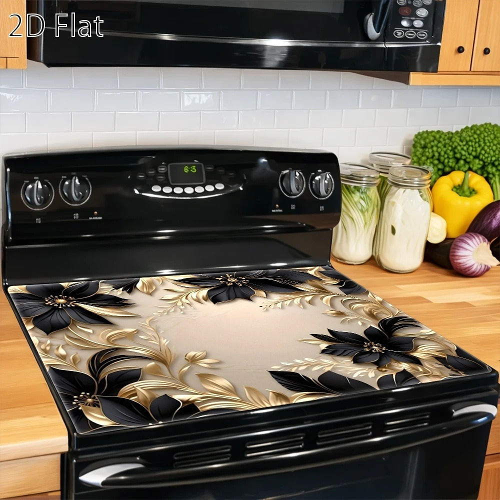 Black and Gold Floral Stove Protector Mat, 28.35 x 20.47 Inches with Beige Decorative Background