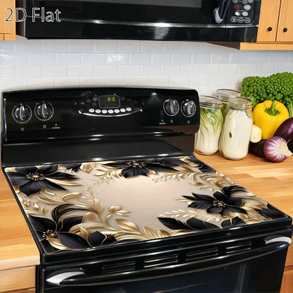 Black and Gold Floral Stove Protector Mat, 28.35 x 20.47 Inches with Beige Decorative Background