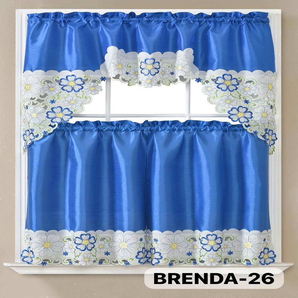 Three-Piece Patterned Kitchen Curtain Set with One Valance, Two Tiers and Forty-Six Exact Design Options