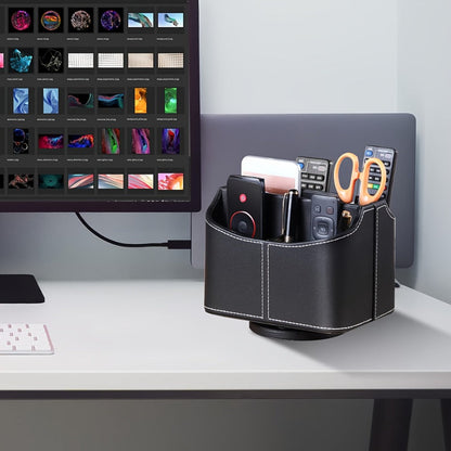 360° Swivel Remote Control Holder with 5 Compartments – PU Leather Desktop Organizer Caddy for TV Remotes, Phones, Glasses, Cosmetics & Stationery, Rotating Storage Box for Home Office Nightstand