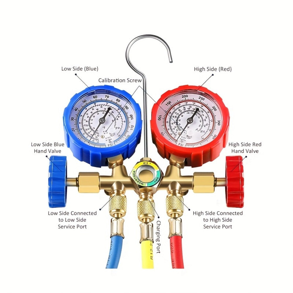 AC Manifold Gauge Set 3-Way with Color-Coded Hoses & Adapters for R134A R22 R12 R404A - HVAC Diagnostics A/C Recharge Leak Detection 0-500 PSI