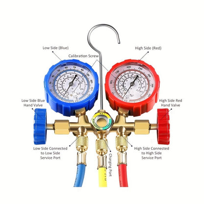 AC Manifold Gauge Set 3-Way with Color-Coded Hoses & Adapters for R134A R22 R12 R404A - HVAC Diagnostics A/C Recharge Leak Detection 0-500 PSI
