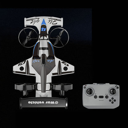 Two-in-One RC Drone and Ground Car with White Body, Two Batteries and Propeller Guards for Indoor Play