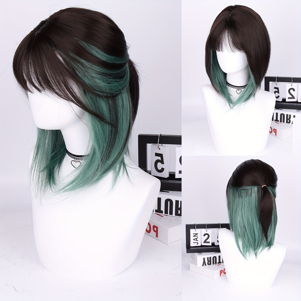 Synthetic Wig 16-Inch Straight Ombre Bob with Bangs, 150% Density and Rose Net Cap for Festivals
