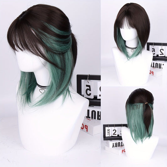 Synthetic Wig 16-Inch Straight Ombre Bob with Bangs, 150% Density and Rose Net Cap for Festivals