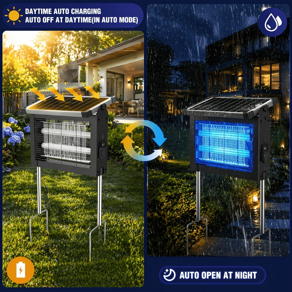 Solar Bug Zapper Pest Control Device with Adjustable Panel, Ground Stake, Wall Mount and USB-C Charging