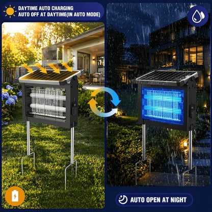 Solar Bug Zapper Pest Control Device with Adjustable Panel, Ground Stake, Wall Mount and USB-C Charging