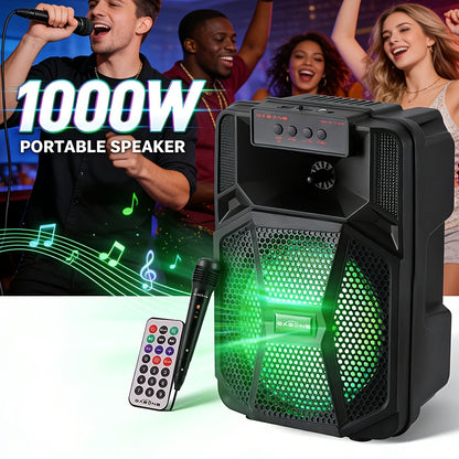 8-Inch Bluetooth Party Speaker with LED Lights & Wired Microphone – TWS Stereo Bass Boost, FM Radio, USB TF AUX Playback, Rechargeable Battery, Portable Wireless Speaker for Outdoor Parties & Karaoke