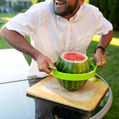 Round Watermelon Slicer Tool with Dual Green Handles, Central Coring Ring and Radial Metal Cutters