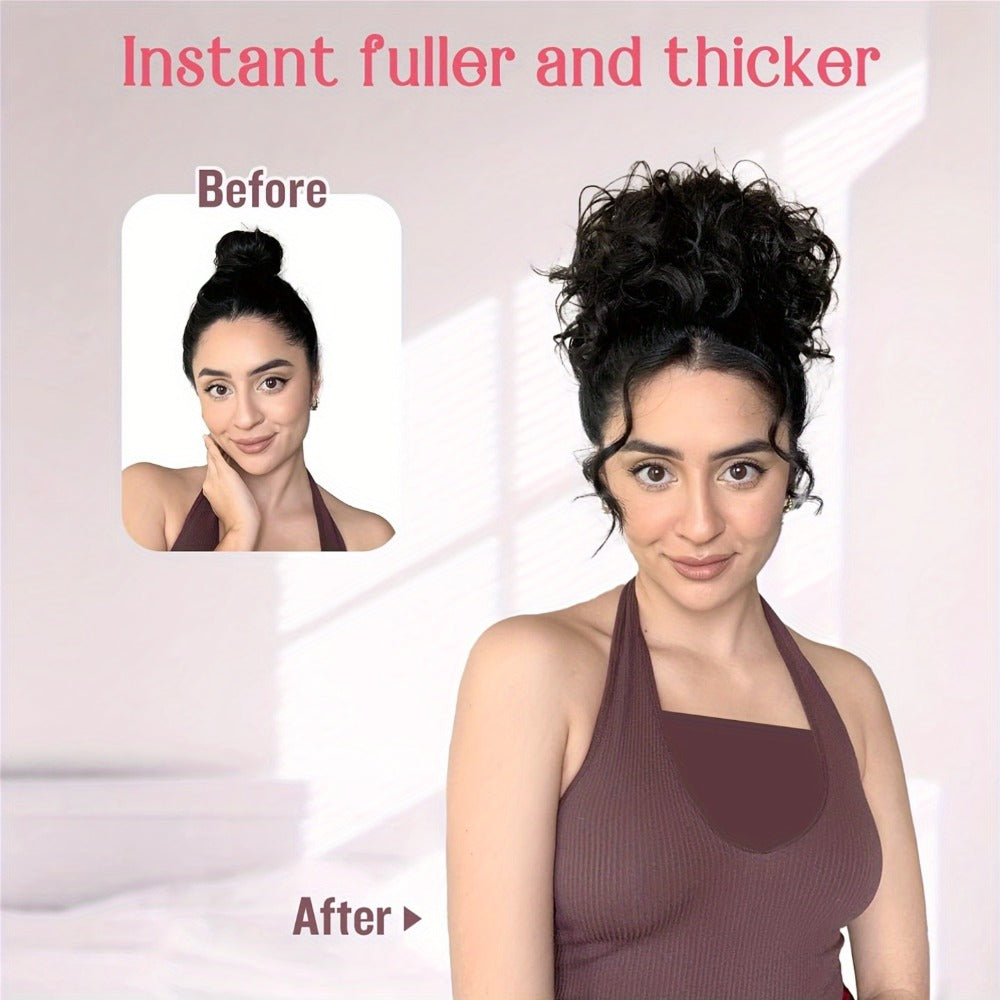Drawstring Curly Bun Hairpiece Clip In Loose Messy Updo Hair Extension 10 Inch – Thick Voluminous Fake Bun Ponytail Wrap for Women Brown Dark Blonde All Hair Types No Heat