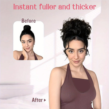 Drawstring Curly Bun Hairpiece Clip In Loose Messy Updo Hair Extension 10 Inch – Thick Voluminous Fake Bun Ponytail Wrap for Women Brown Dark Blonde All Hair Types No Heat