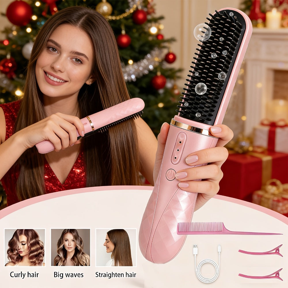 Cordless Hair Straightener Brush with USB-C Charging, Three Temperature Settings and Pink or Beige Finish