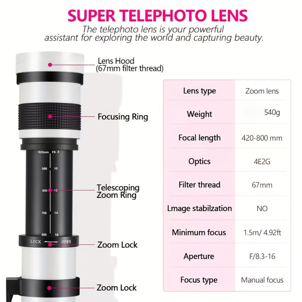 420-800mm F8.3-16 Telephoto Zoom Lens Manual Focus with T-Mount Adapter for Canon Nikon Sony Moon Wildlife Bird Photography Full Frame