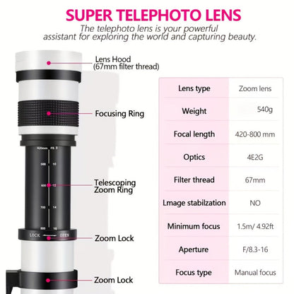 420-800mm F8.3-16 Telephoto Zoom Lens Manual Focus with T-Mount Adapter for Canon Nikon Sony Moon Wildlife Bird Photography Full Frame