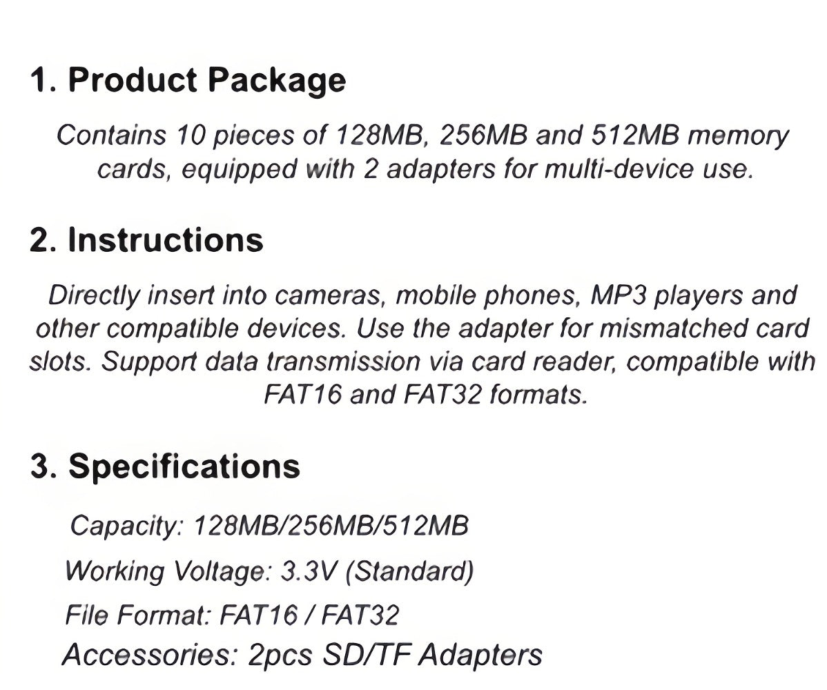 MicroSD Memory Card 10-Pack in 128MB, 256MB or 512MB Capacity Options with Two Full-Size SD Adapters