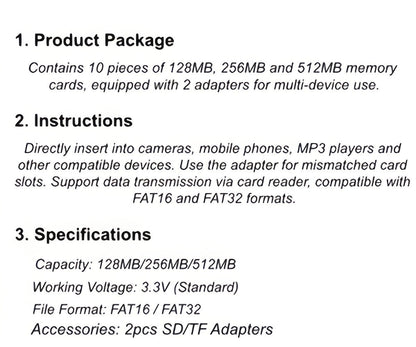 MicroSD Memory Card 10-Pack in 128MB, 256MB or 512MB Capacity Options with Two Full-Size SD Adapters