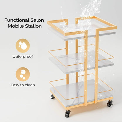 3-Shelf Rolling Salon Cart with Lockable Wheels 130lbs per Shelf – Heavy Duty Metal Frame Waterproof Utility Trolley for Esthetician, Spa, Tattoo, Massage & Manicure, Gold White Rose Gold Black