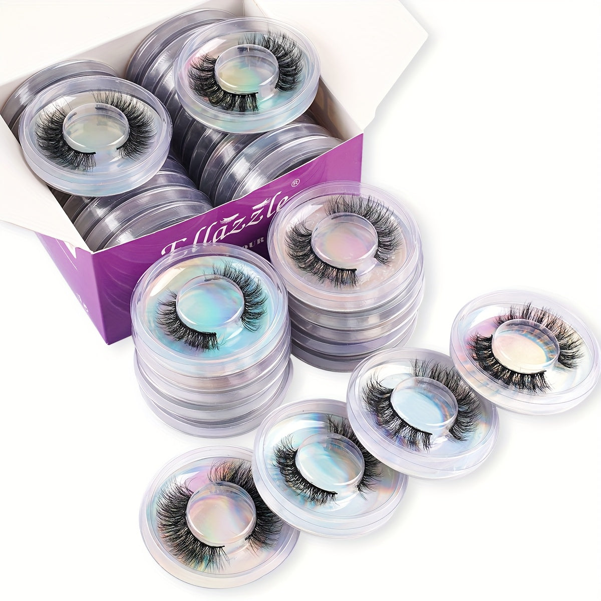 Faux-Mink False Eyelashes Multipack with 20 Pairs in Three Mixed-Style Round Storage Case Options