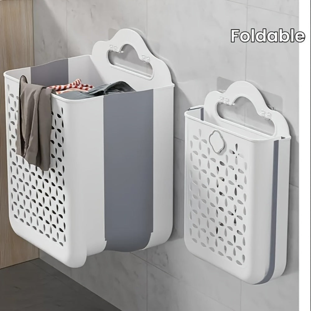 Foldable Laundry Basket Wall Mounted – No-Drill Plastic Storage Bin with Cutout Design for Clothes, Toys, Snacks & Fruits – Space-Saving Collapsible Organizer for Bathroom, Balcony & Bedroom