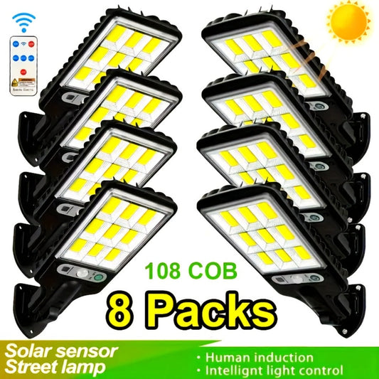 Solar Motion Sensor Security Wall Light 108COB LED – Outdoor Solar Powered Street Light with Remote Control & 3 Modes | Waterproof Garden Spotlight for Patio, Porch, Door & Garage | 2/4/8pcs Pack
