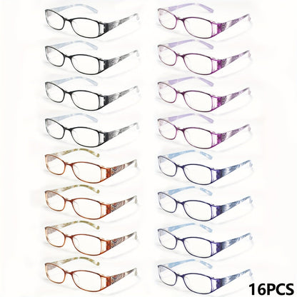 Reading Glasses – Sixteen-Pair Square-Frame Reader Set with Four Each in Purple, Blue, Brown and Black