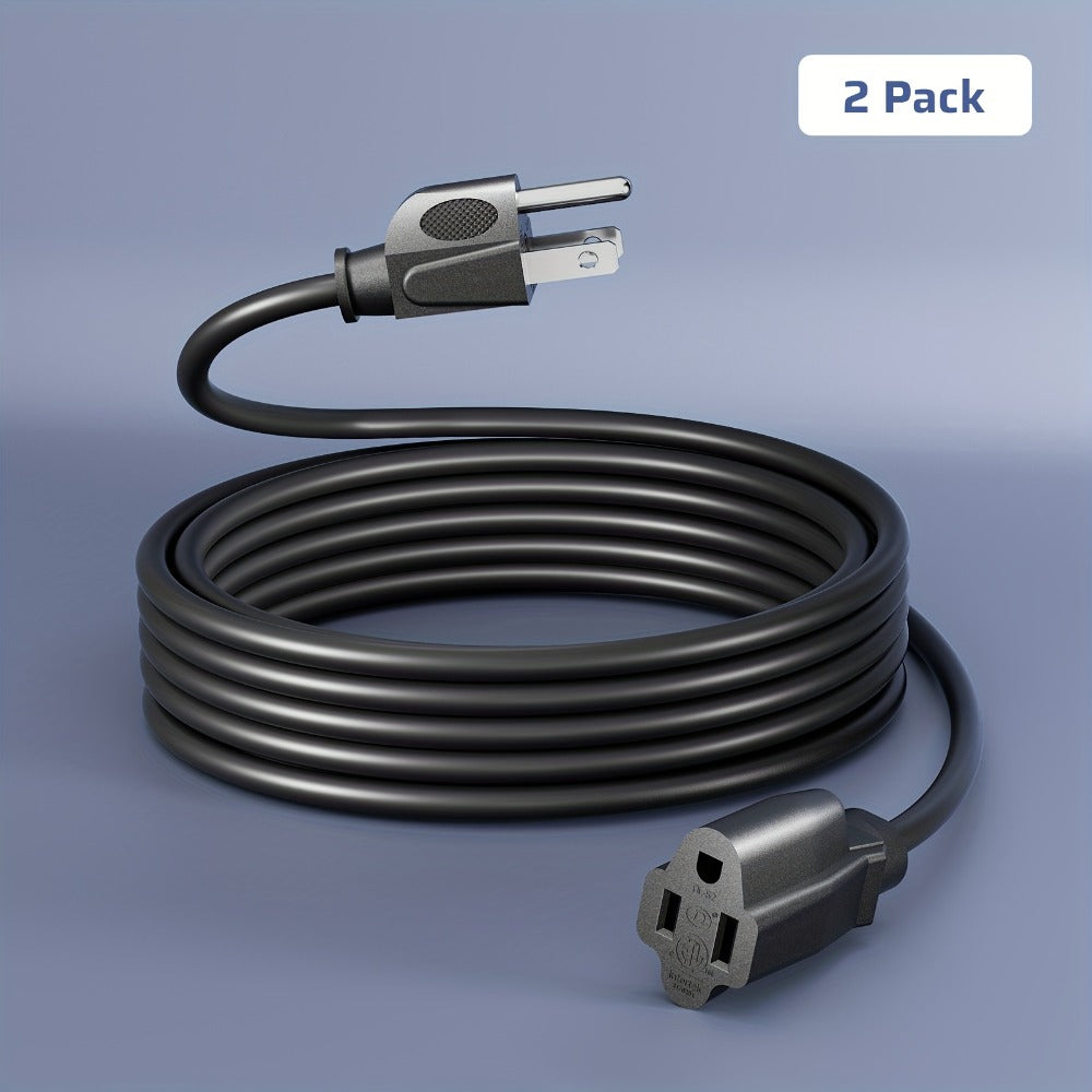 Two-Pack 20-Foot 16/3 Extension Cords in Black with Grounded Three-Prong Plug and Single Outlet