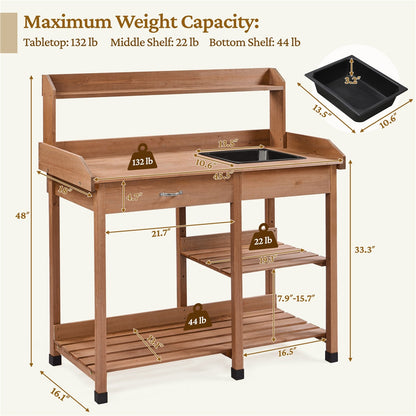 Four-Tier Garden Potting Bench with Removable Sink, Drawer, Adjustable Shelf and Three Side Hooks
