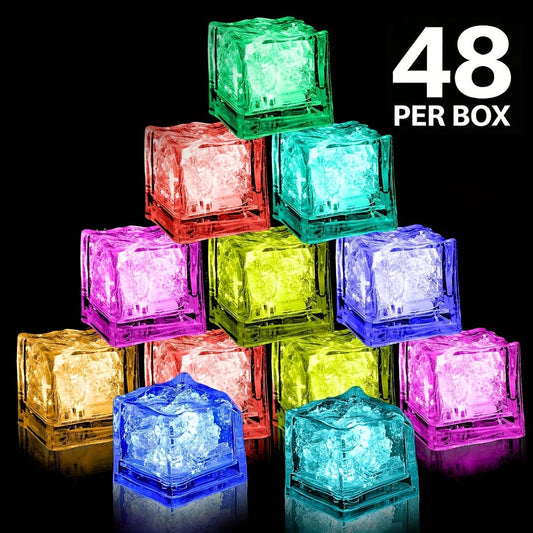 LED Ice Cube Lights Reusable Mixed Color, Flashing Sensory Light-Up Ice Cubes for Bar, Party & Wedding Decoration — Bulk Set of 24 or 48 | Eco-Friendly Promotional Event Lights