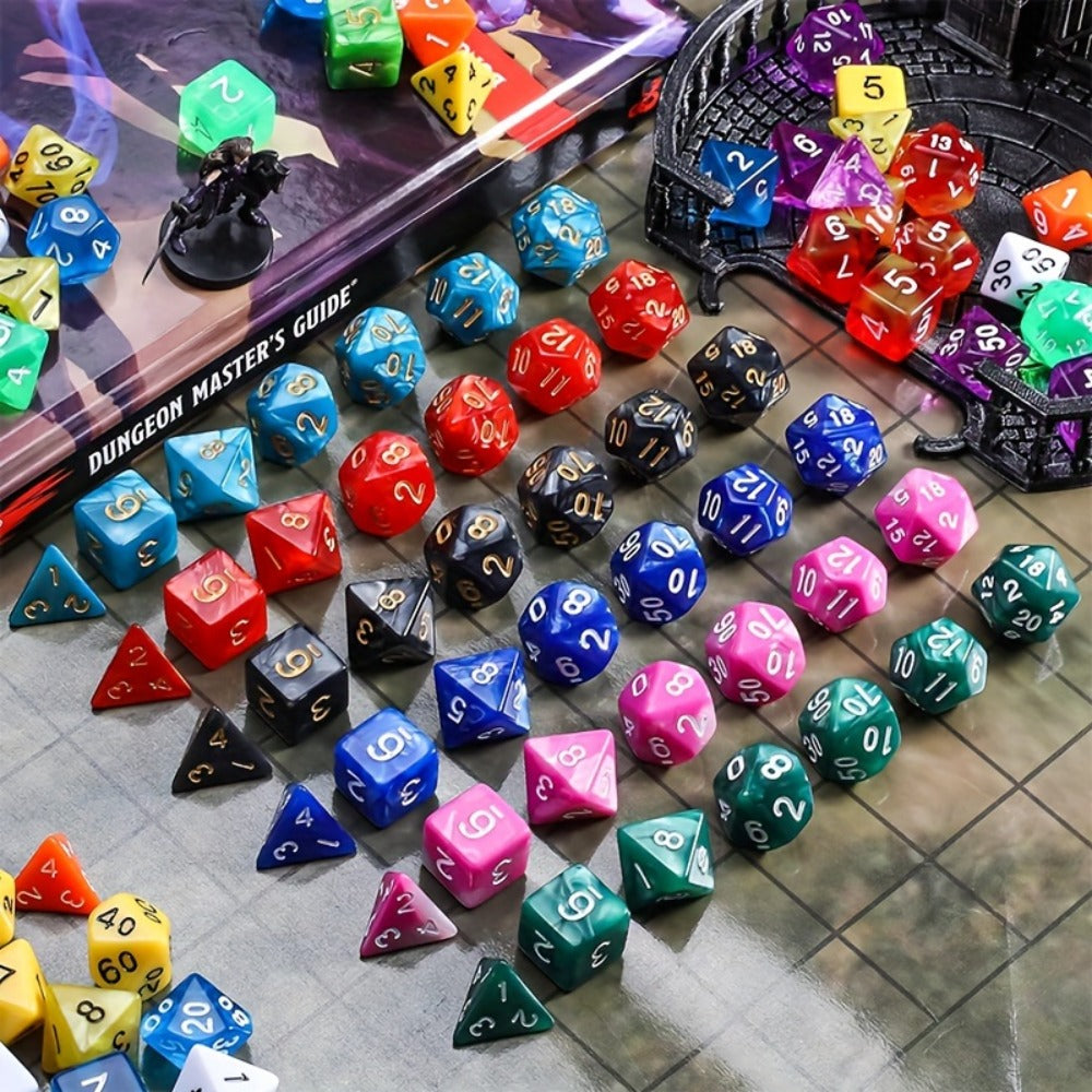 Fifteen-Set Polyhedral Dice Collection with 105 Pieces, Seven Die Shapes and Black Drawstring Storage Bag