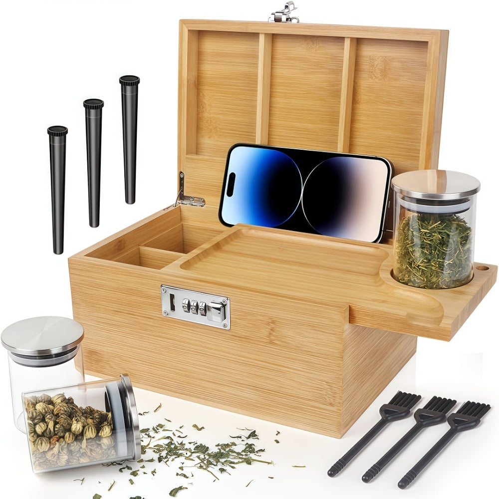 Locking Compartment Storage Box with Sliding Tray, Three Jars, Three Tubes and Cleaning Brushes