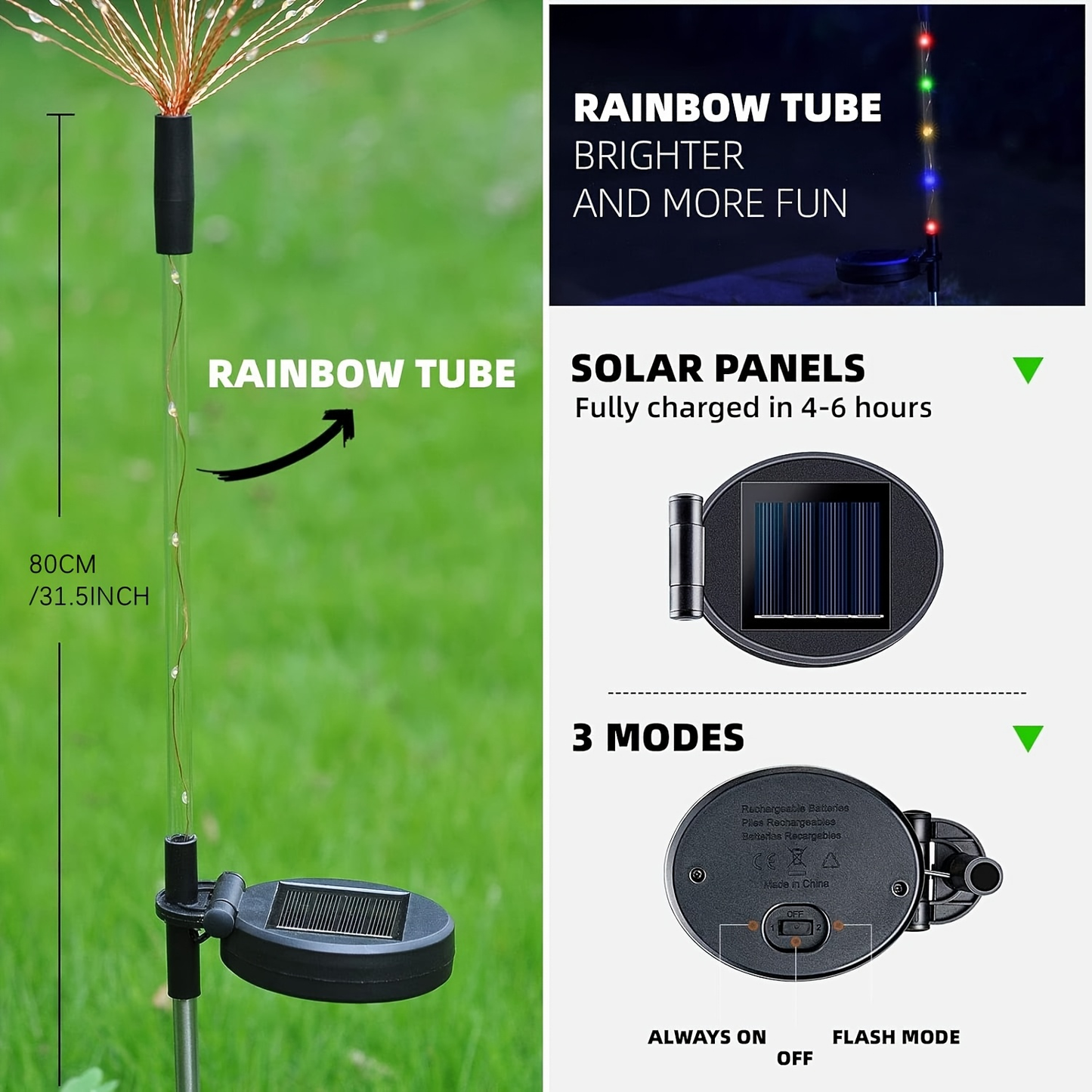 Solar Garden Lights 4-Pack Firework Stakes with 8 Modes in Warm White or Multicolor and Hanging Option