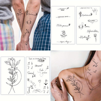 Temporary Tattoos, 30-Sheet Floral and Letter Set with Black Linework Designs for Face, Neck, Arm and Wrist