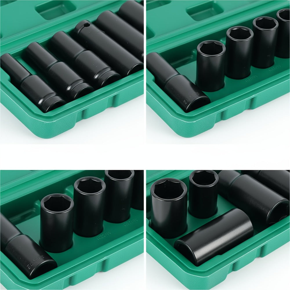 1/2 Inch Deep Impact Socket Set – Chrome Vanadium Steel for Tire Removal, Mechanical Repairs & Car Maintenance | Compatible with Electric & Pneumatic Impact Drills | Green & Black Case