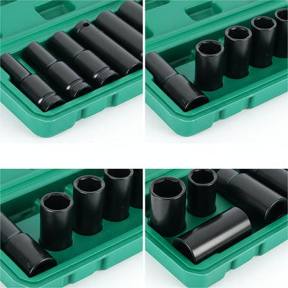 1/2 Inch Deep Impact Socket Set – Chrome Vanadium Steel for Tire Removal, Mechanical Repairs & Car Maintenance | Compatible with Electric & Pneumatic Impact Drills | Green & Black Case