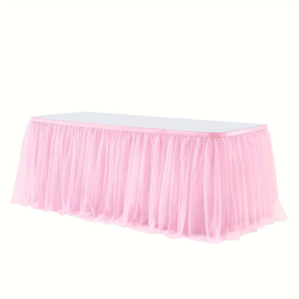 Pink Tutu Table Skirt 6ft – Ruffle Tulle Table Skirt for Rectangle & Round Tables, Princess Girls Birthday Party, Cake Dessert Table Decor, Gold Brim, Multiple Colors Available