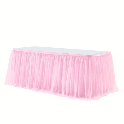 Pink Tutu Table Skirt 6ft – Ruffle Tulle Table Skirt for Rectangle & Round Tables, Princess Girls Birthday Party, Cake Dessert Table Decor, Gold Brim, Multiple Colors Available