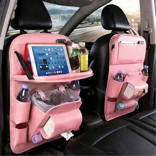 Car Back Seat Organizer with Foldable Tray – Multi-Pocket PU Hanging Storage Bag, Tissue Holder & Footrest Protector for Car Interior | Black, Beige, Brown, Grey