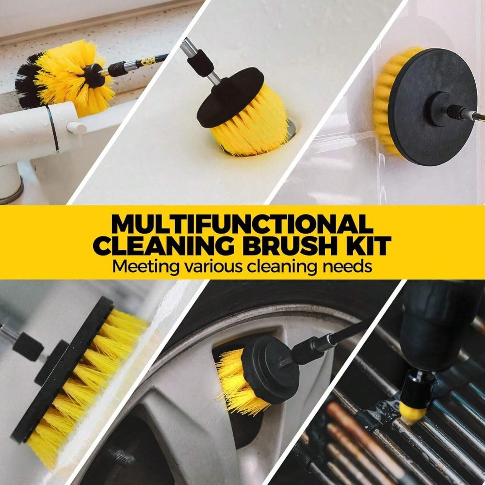Twenty-Piece Drill Brush and Buffing Pad Kit with Scrub Heads, Sponges and Extension Rod in Yellow